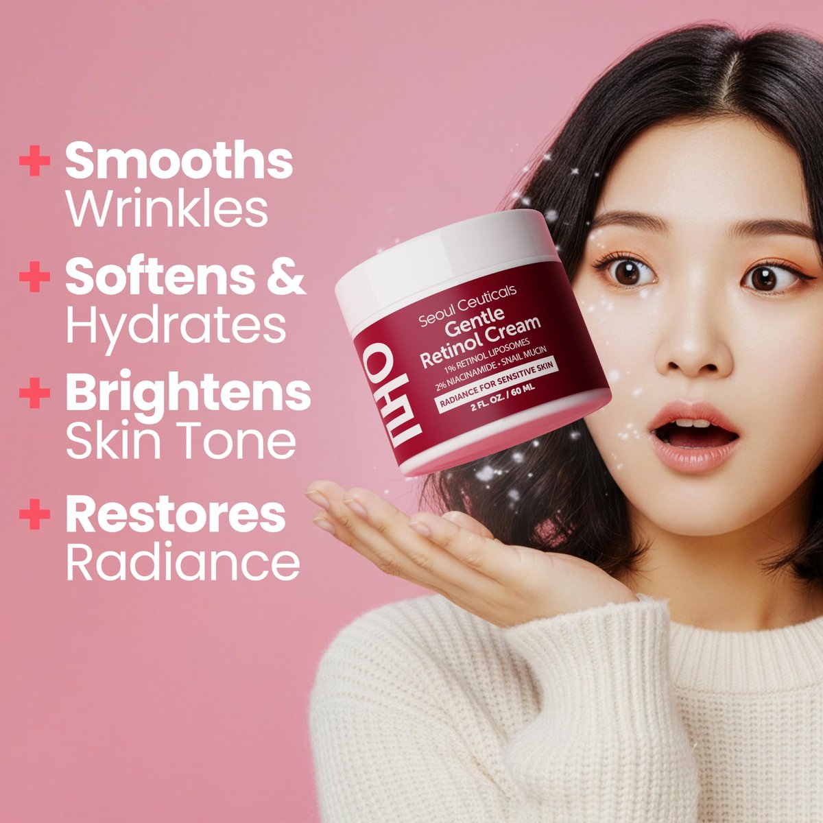 SeoulCeuticals 1% Korean Retinol Night Cream - 97.5% Snail Mucin + 2% Niacinamide Moisturizer for Face - Gentle K Beauty for Sensitive Skin 2oz Avelisse