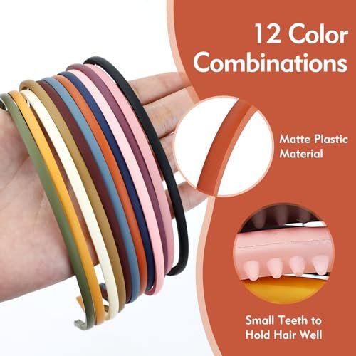 Lawie 12 Pack Colorful Plain Blank Frosted Slim Thin Plastic Headband With Teeth Skinny Wire Comb Hair Band Elastic Hair Hoop Holder Tiara Crown Headpiece Craft DIY Accessories for Women Girls Adults - görsel 12