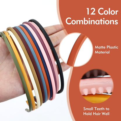 Lawie 12 Pack Colorful Plain Blank Frosted Slim Thin Plastic Headband With Teeth Skinny Wire Comb Hair Band Elastic Hair Hoop Holder Tiara Crown Headpiece Craft DIY Accessories for Women Girls Adults