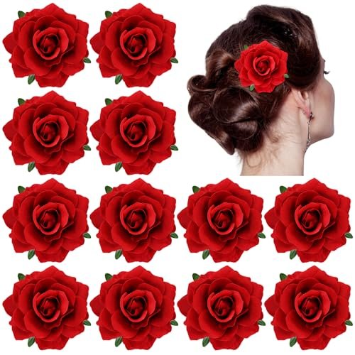 Dizila 12 Pack Flamenco Dancer Mexican Red Rose Flower Brooches Pins Alligator Hair Clips Barrettes for Women Girls Avelisse