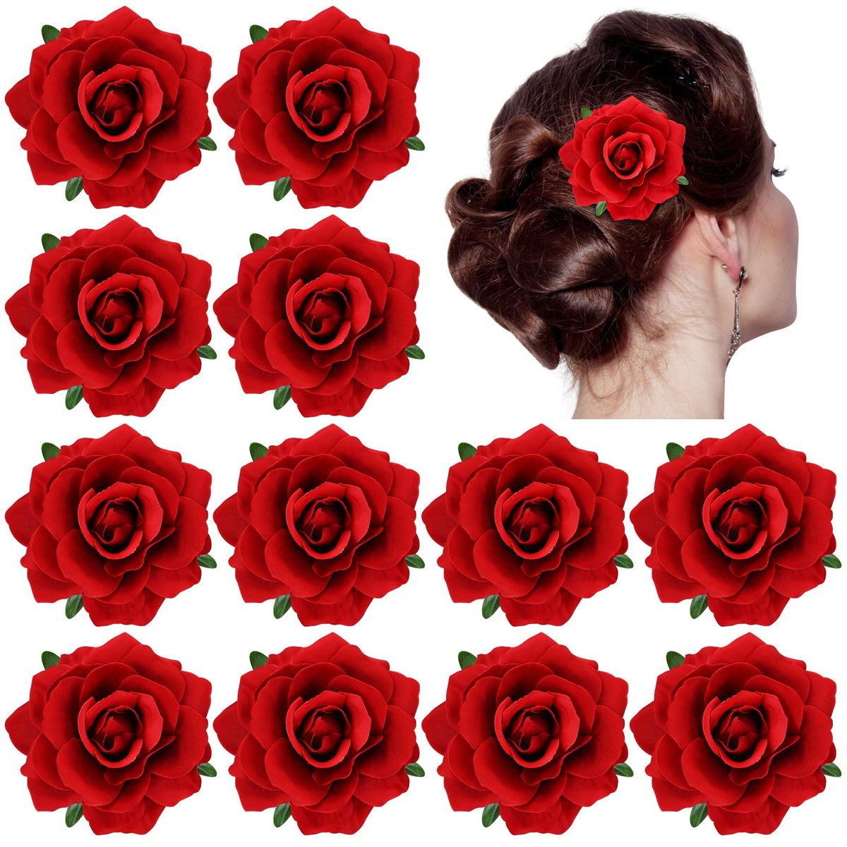 Dizila 12 Pack Flamenco Dancer Mexican Red Rose Flower Brooches Pins Alligator Hair Clips Barrettes for Women Girls Avelisse