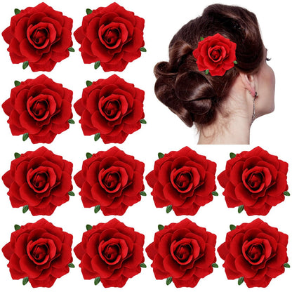 Dizila 12 Pack Flamenco Dancer Mexican Red Rose Flower Brooches Pins Alligator Hair Clips Barrettes for Women Girls Avelisse