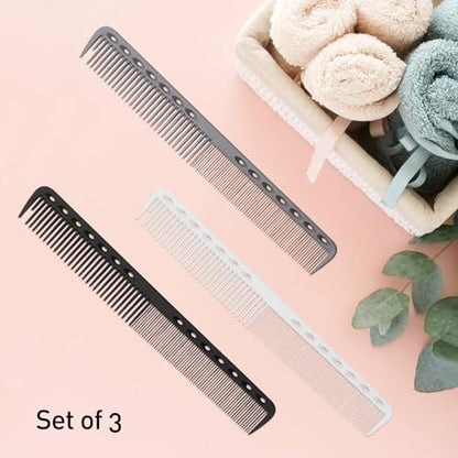 3-Piece Carbon Fiber Hairdressing Comb Set – Fine Cutting Combs for Men & Women – Heat Resistant – Black, Grey, White (18 x 2.5 cm)