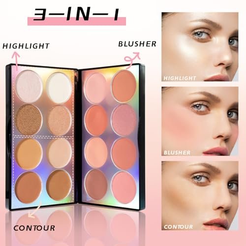 NewBang 16 Colors Blush Contour Highlighter Makeup Palette with Brush - Matte & Shimmer Face Blush, Bronzer & Illuminator Set - görsel 6