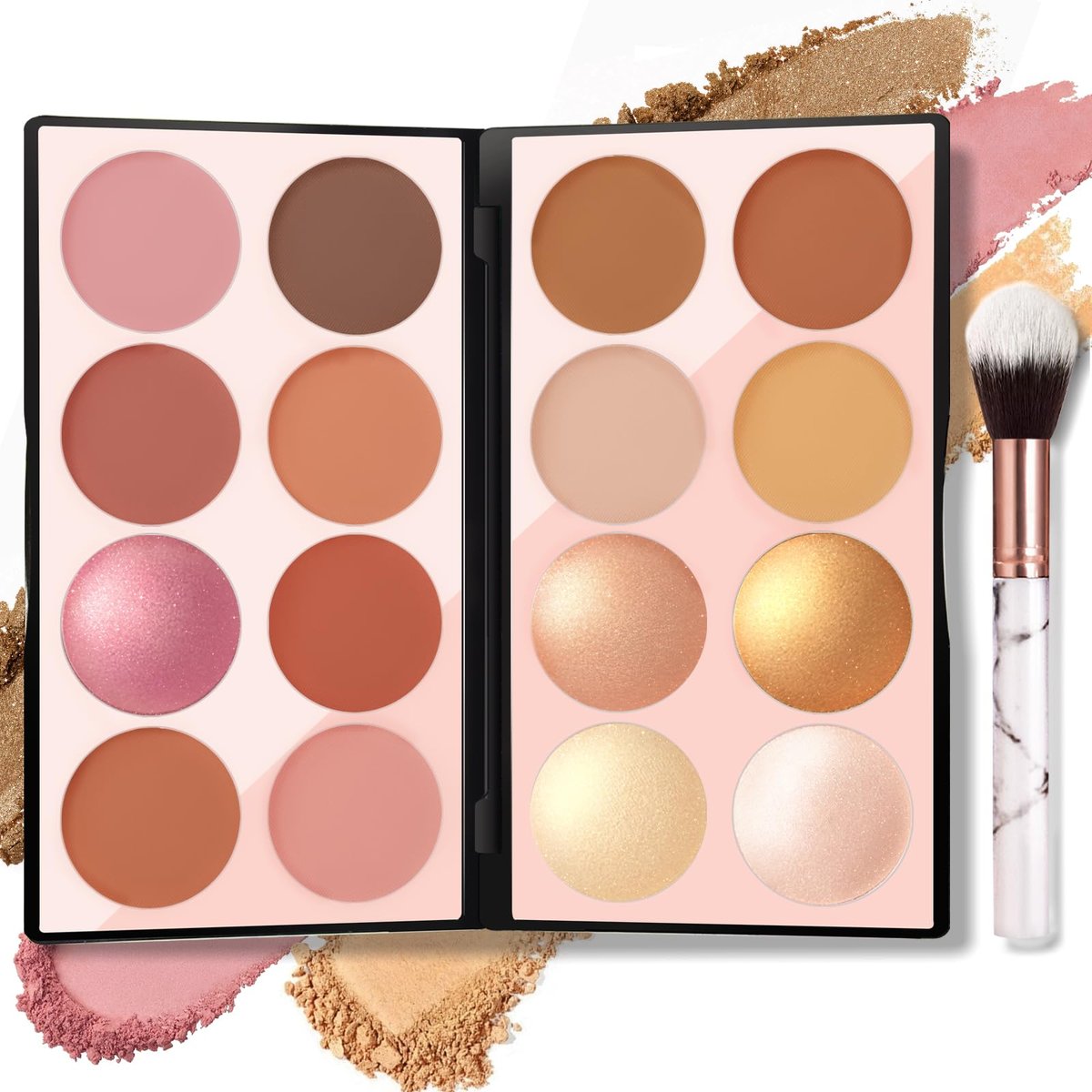 NewBang 16 Colors Blush Contour Highlighter Makeup Palette with Brush - Matte & Shimmer Face Blush, Bronzer & Illuminator Set - görsel 1