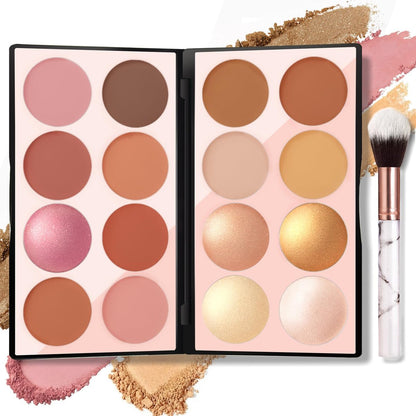 NewBang 16 Colors Blush Contour Highlighter Makeup Palette with Brush - Matte & Shimmer Face Blush, Bronzer & Illuminator Set