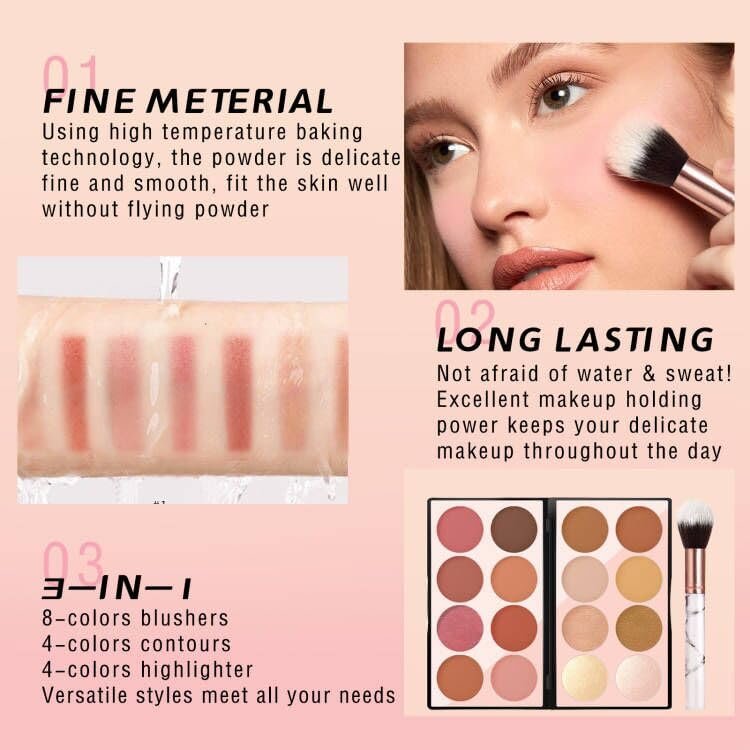 NewBang 16 Colors Blush Contour Highlighter Makeup Palette with Brush - Matte & Shimmer Face Blush, Bronzer & Illuminator Set - görsel 9