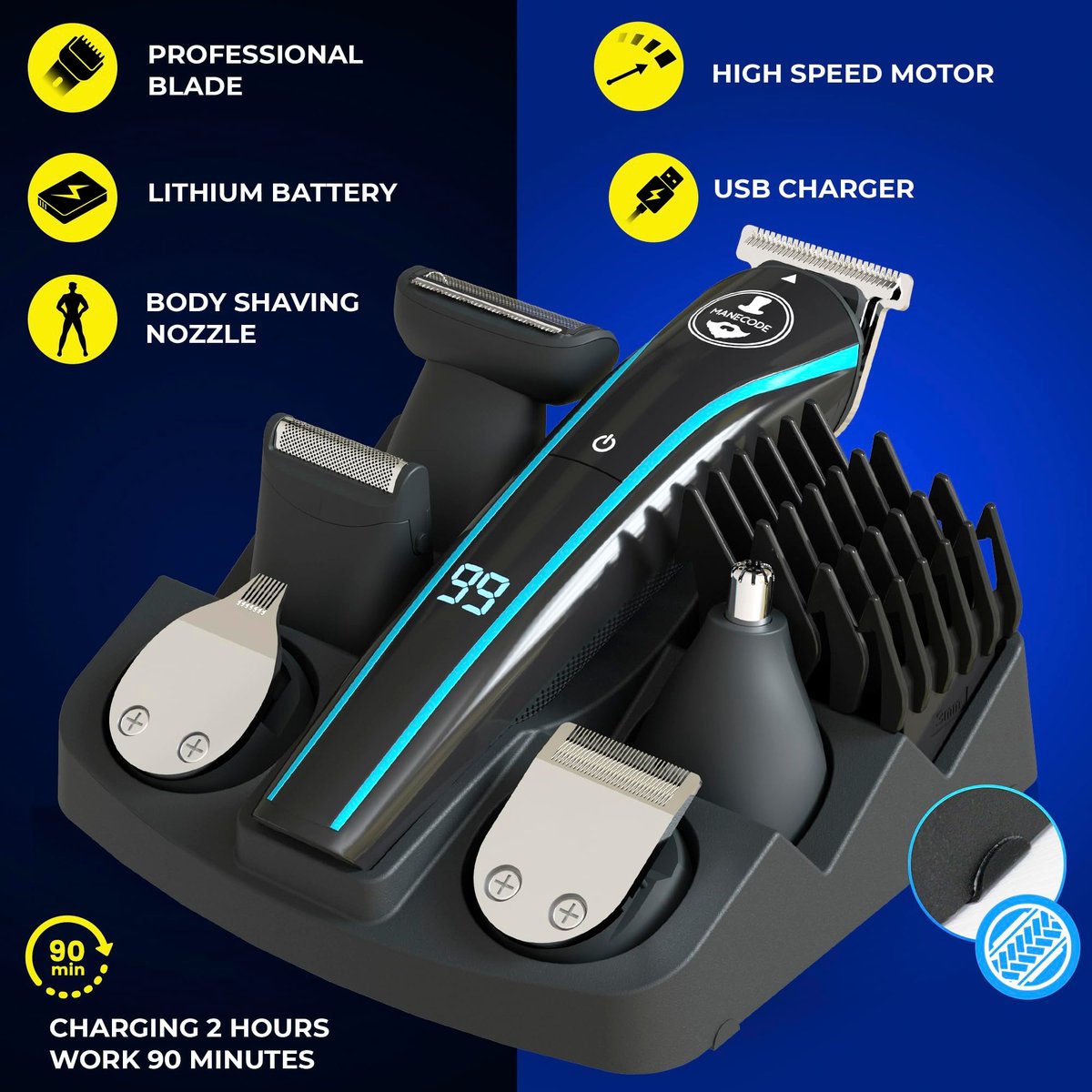 MANECODE 11-in-1 Men's Beard and Mustache Electric Trimmer Kit - Cordless Body and Nose Hair Trimmer with USB Rechargeable Battery - görsel 5