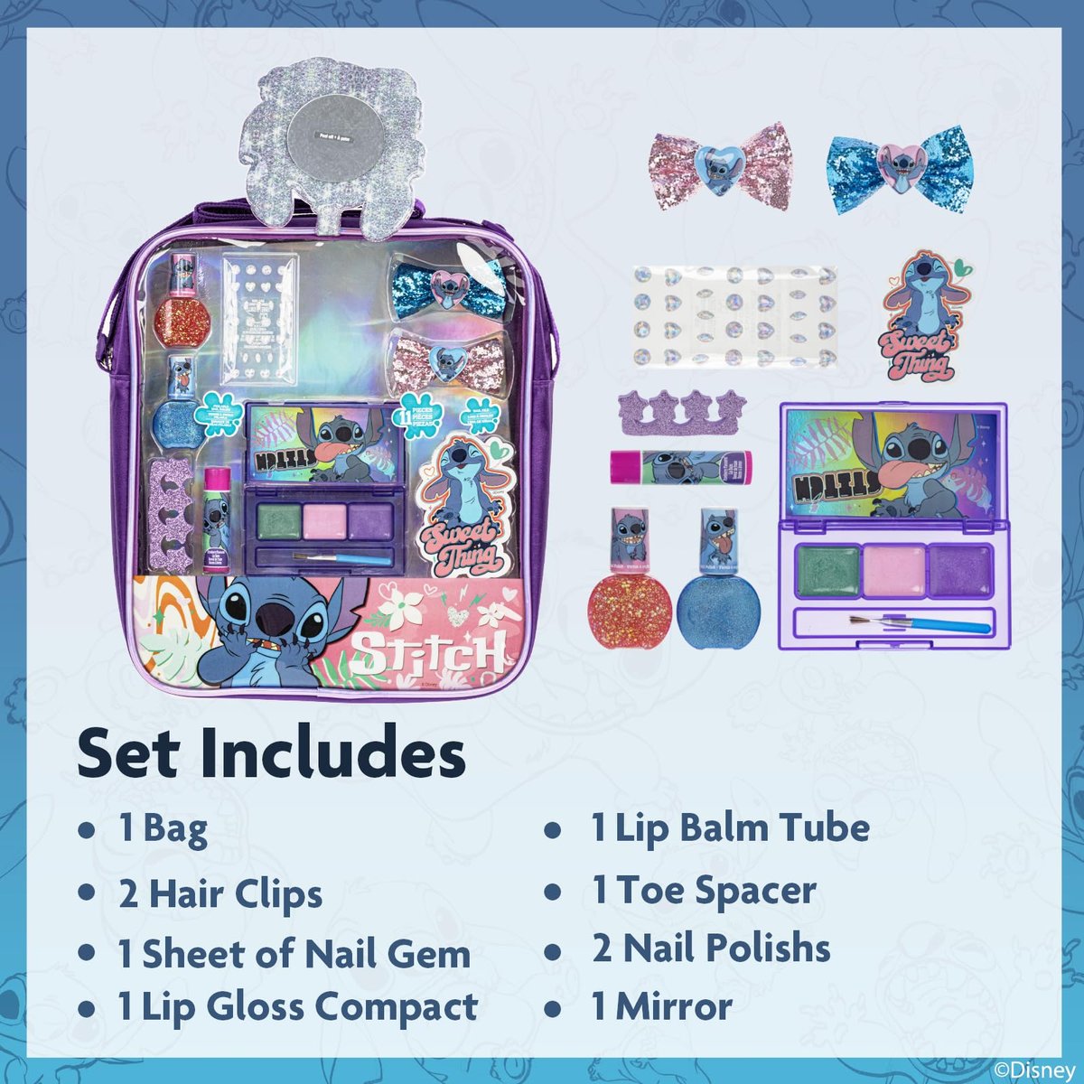 Disney Lilo & Stitch Makeup Filled Shoulder Bag – Pretend Play Makeup Set with Lip Gloss, Nail Polish, Hair Bow & More for Girls Ages 3+ Avelisse
