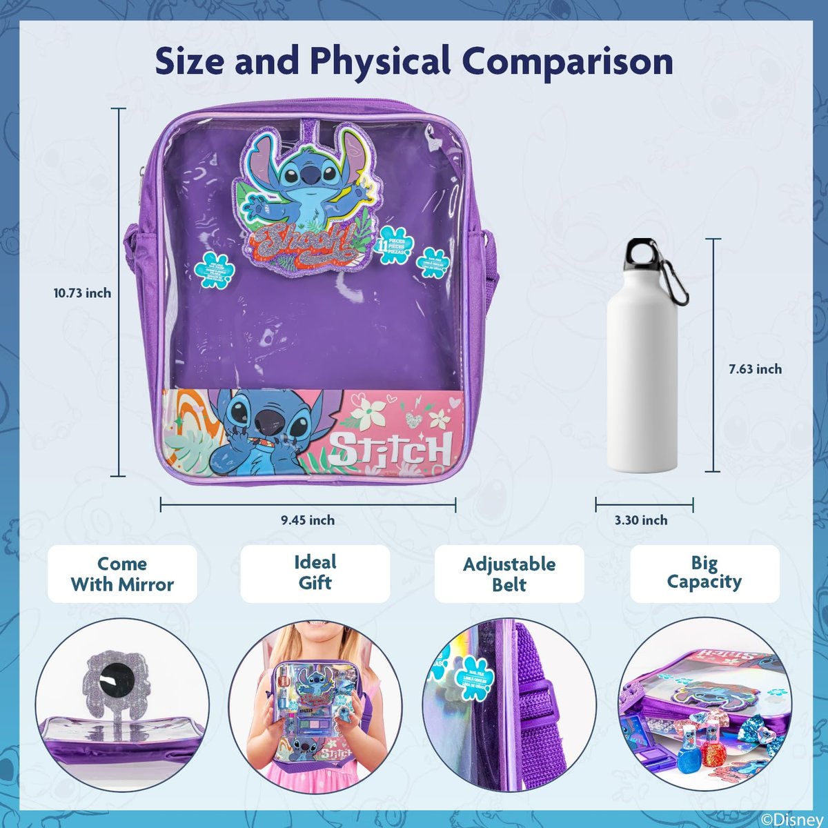 Disney Lilo & Stitch Makeup Filled Shoulder Bag – Pretend Play Makeup Set with Lip Gloss, Nail Polish, Hair Bow & More for Girls Ages 3+ Avelisse
