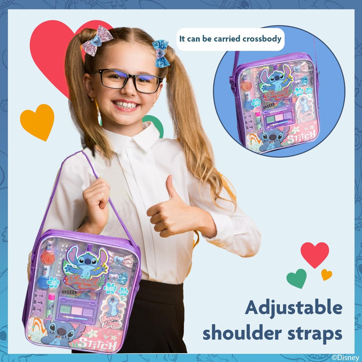 Disney Lilo & Stitch Makeup Filled Shoulder Bag – Pretend Play Makeup Set with Lip Gloss, Nail Polish, Hair Bow & More for Girls Ages 3+ Avelisse