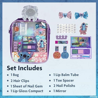 Disney Lilo & Stitch Makeup Filled Shoulder Bag – Pretend Play Makeup Set with Lip Gloss, Nail Polish, Hair Bow & More for Girls Ages 3+ Avelisse