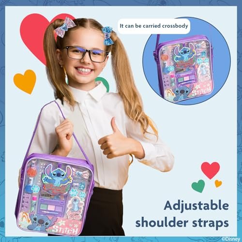 Disney Lilo & Stitch Makeup Filled Shoulder Bag – Pretend Play Makeup Set with Lip Gloss, Nail Polish, Hair Bow & More for Girls Ages 3+ Avelisse