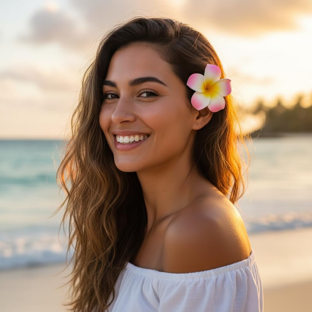 Juroicessry 4 Pcs 7cm White and Pink Hawaiian Frangipani Plumeria Foam Head Flower Party Beach Hair Clip Hair Clips - görsel 9