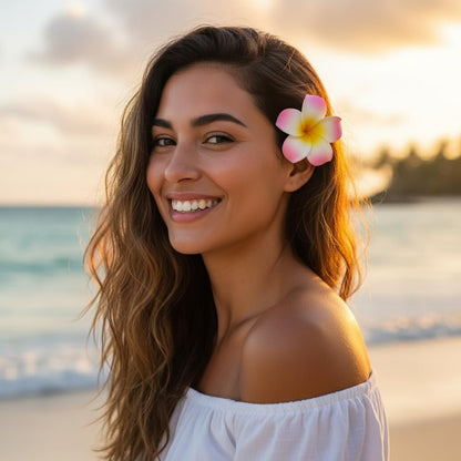 Juroicessry 4 Pcs 7cm White and Pink Hawaiian Frangipani Plumeria Foam Head Flower Party Beach Hair Clip Hair Clips