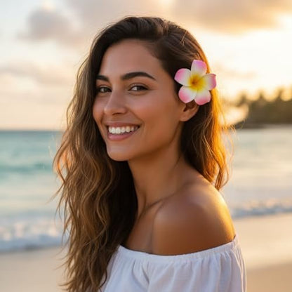 Juroicessry 4 Pcs 7cm White and Pink Hawaiian Frangipani Plumeria Foam Head Flower Party Beach Hair Clip Hair Clips