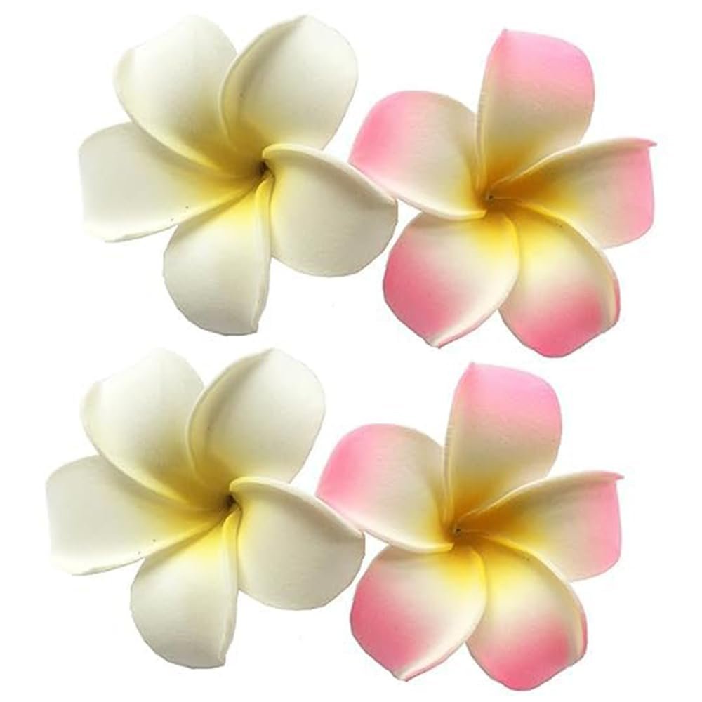 Juroicessry 4 Pcs 7cm White and Pink Hawaiian Frangipani Plumeria Foam Head Flower Party Beach Hair Clip Hair Clips - görsel 1