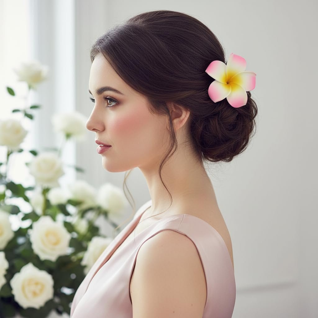 Juroicessry 4 Pcs 7cm White and Pink Hawaiian Frangipani Plumeria Foam Head Flower Party Beach Hair Clip Hair Clips - görsel 5