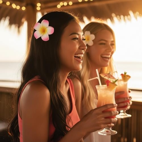 Juroicessry 4 Pcs 7cm White and Pink Hawaiian Frangipani Plumeria Foam Head Flower Party Beach Hair Clip Hair Clips - görsel 16