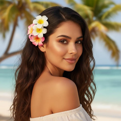 Juroicessry 4 Pcs 7cm White and Pink Hawaiian Frangipani Plumeria Foam Head Flower Party Beach Hair Clip Hair Clips