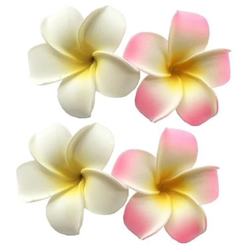 Juroicessry 4 Pcs 7cm White and Pink Hawaiian Frangipani Plumeria Foam Head Flower Party Beach Hair Clip Hair Clips - görsel 2
