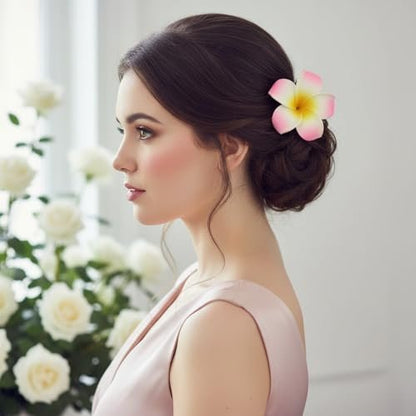 Juroicessry 4 Pcs 7cm White and Pink Hawaiian Frangipani Plumeria Foam Head Flower Party Beach Hair Clip Hair Clips