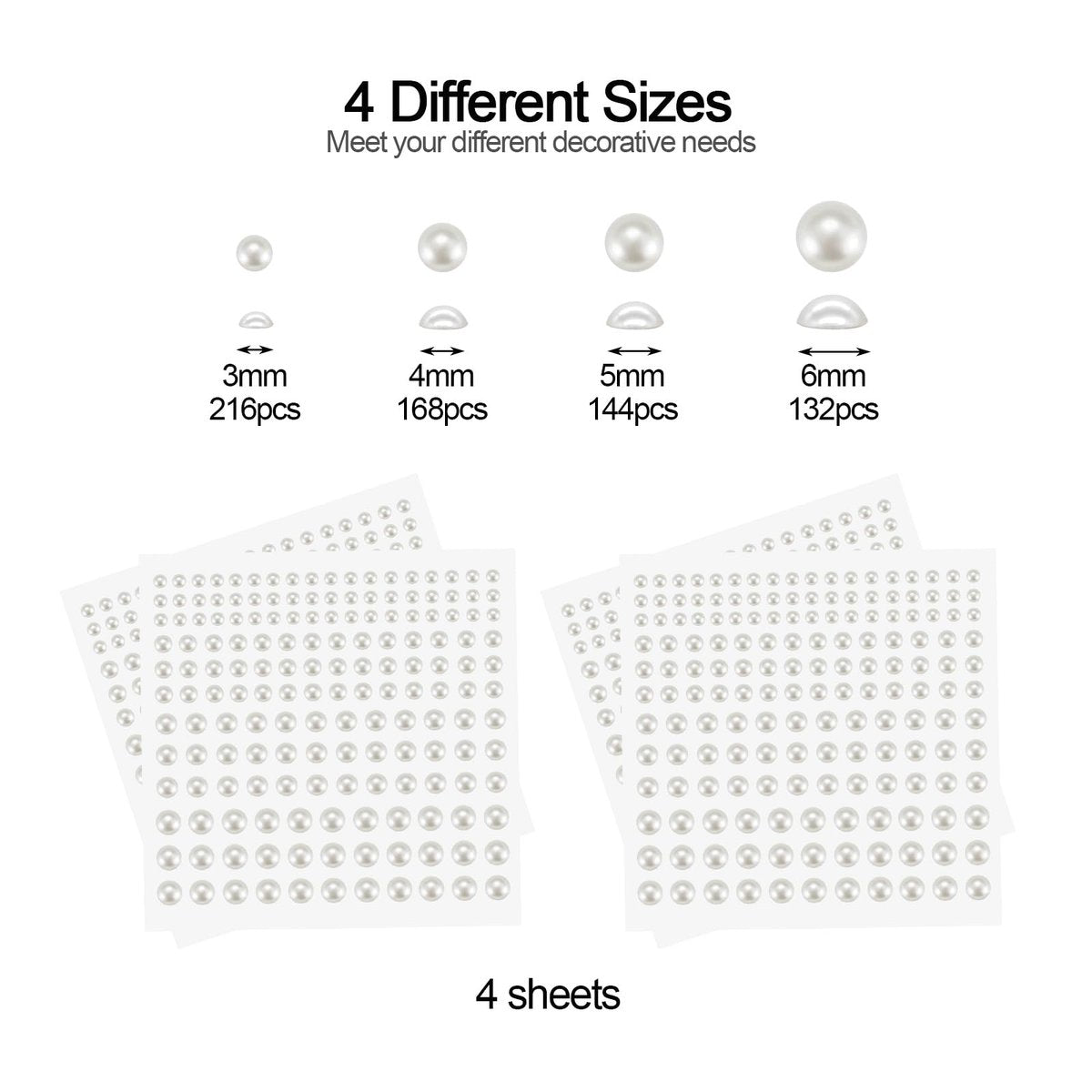 BlingKingdom 660pcs Self Adhesive Pearl Stickers - Flat Back Pearls for Crafts, Hair, Face Makeup, Nails, Phone, Scrapbooking (White, 4 Sizes 3mm/4mm/5mm/6mm) - görsel 5