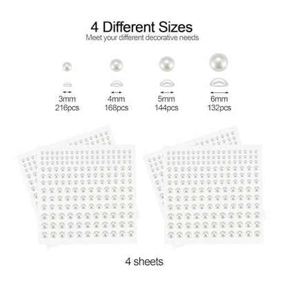 BlingKingdom 660pcs Self Adhesive Pearl Stickers - Flat Back Pearls for Crafts, Hair, Face Makeup, Nails, Phone, Scrapbooking (White, 4 Sizes 3mm/4mm/5mm/6mm)