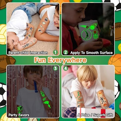 EMOME 30 Sheets Luminous Tattoos for Kids – Sports Styles Temporary Tattoo Stickers with Football, Basketball, Soccer for Boys – Glow Party Supplies, Party Favors, Goodie Bag Stuffers