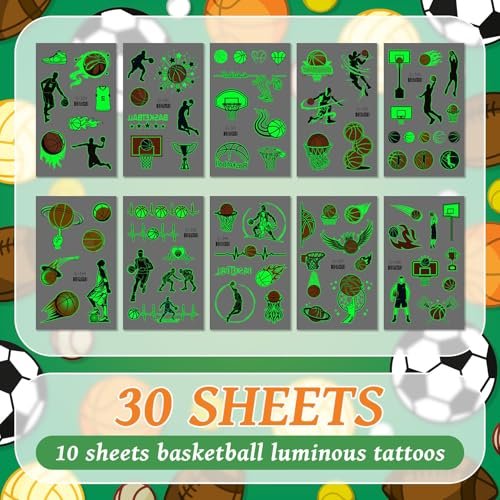 EMOME 30 Sheets Luminous Tattoos for Kids – Sports Styles Temporary Tattoo Stickers with Football, Basketball, Soccer for Boys – Glow Party Supplies, Party Favors, Goodie Bag Stuffers - görsel 6