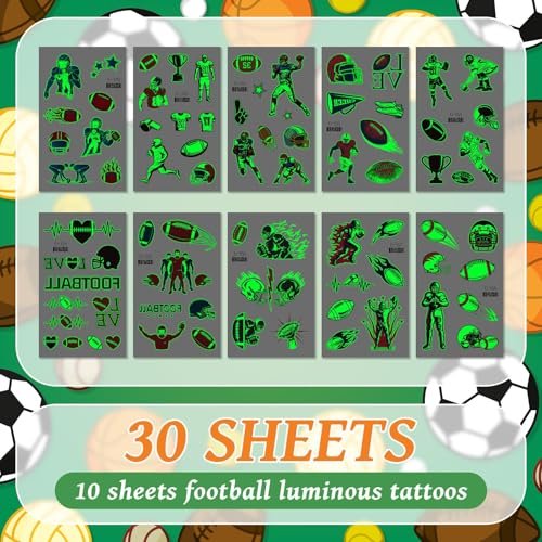 EMOME 30 Sheets Luminous Tattoos for Kids – Sports Styles Temporary Tattoo Stickers with Football, Basketball, Soccer for Boys – Glow Party Supplies, Party Favors, Goodie Bag Stuffers - görsel 8