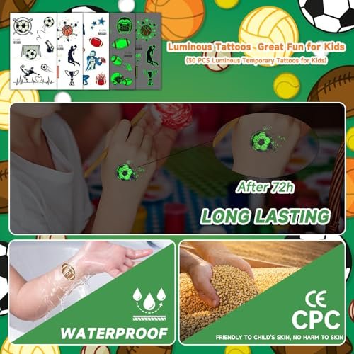 EMOME 30 Sheets Luminous Tattoos for Kids – Sports Styles Temporary Tattoo Stickers with Football, Basketball, Soccer for Boys – Glow Party Supplies, Party Favors, Goodie Bag Stuffers - görsel 10