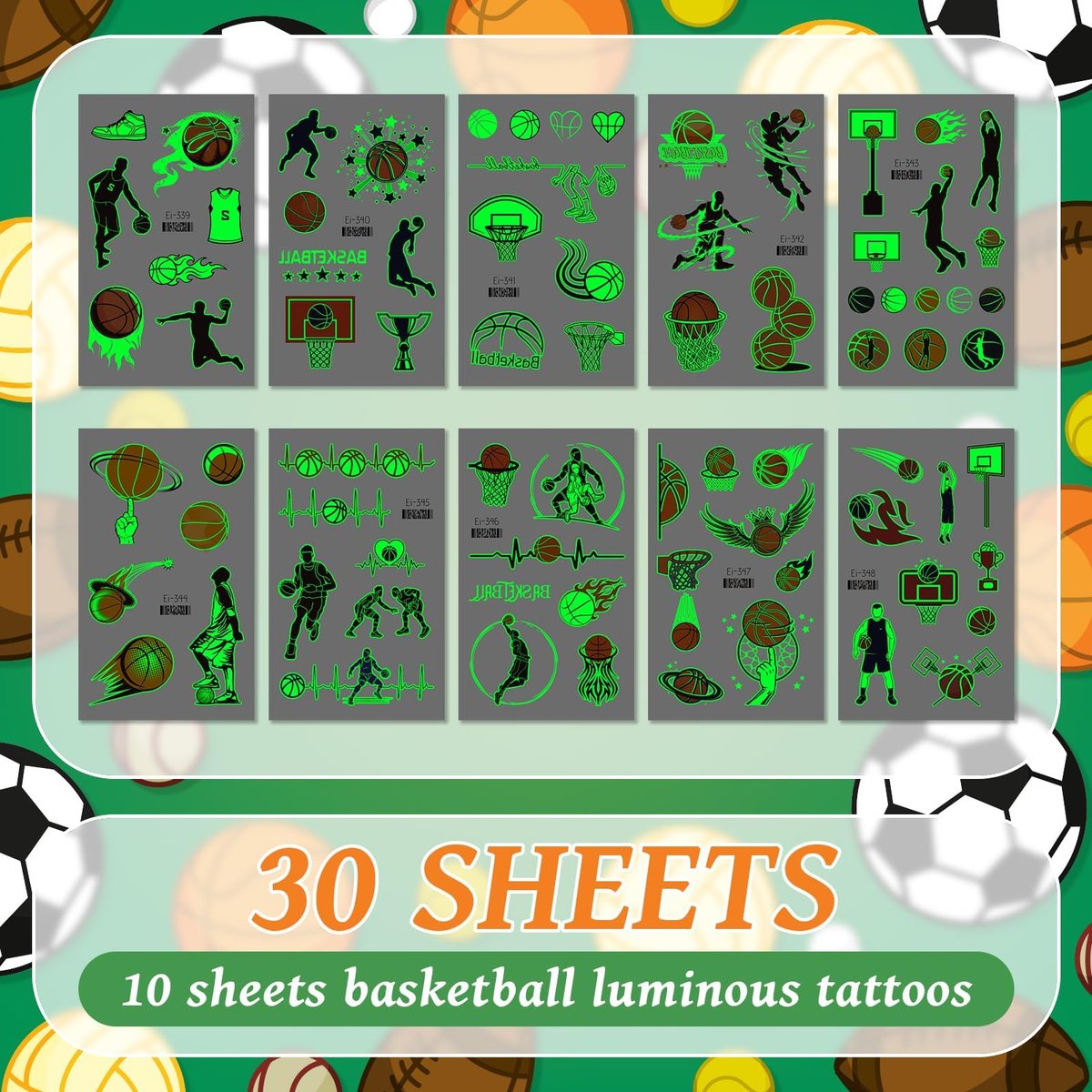 EMOME 30 Sheets Luminous Tattoos for Kids – Sports Styles Temporary Tattoo Stickers with Football, Basketball, Soccer for Boys – Glow Party Supplies, Party Favors, Goodie Bag Stuffers - görsel 5
