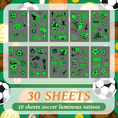EMOME 30 Sheets Luminous Tattoos for Kids – Sports Styles Temporary Tattoo Stickers with Football, Basketball, Soccer for Boys – Glow Party Supplies, Party Favors, Goodie Bag Stuffers - görsel 4