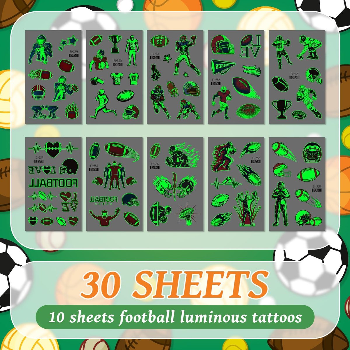 EMOME 30 Sheets Luminous Tattoos for Kids – Sports Styles Temporary Tattoo Stickers with Football, Basketball, Soccer for Boys – Glow Party Supplies, Party Favors, Goodie Bag Stuffers - görsel 7