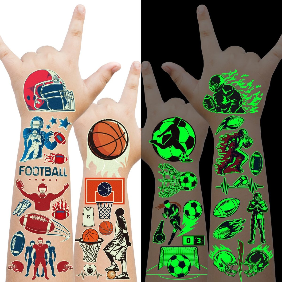 EMOME 30 Sheets Luminous Tattoos for Kids – Sports Styles Temporary Tattoo Stickers with Football, Basketball, Soccer for Boys – Glow Party Supplies, Party Favors, Goodie Bag Stuffers - görsel 1