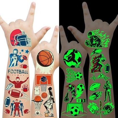 EMOME 30 Sheets Luminous Tattoos for Kids – Sports Styles Temporary Tattoo Stickers with Football, Basketball, Soccer for Boys – Glow Party Supplies, Party Favors, Goodie Bag Stuffers