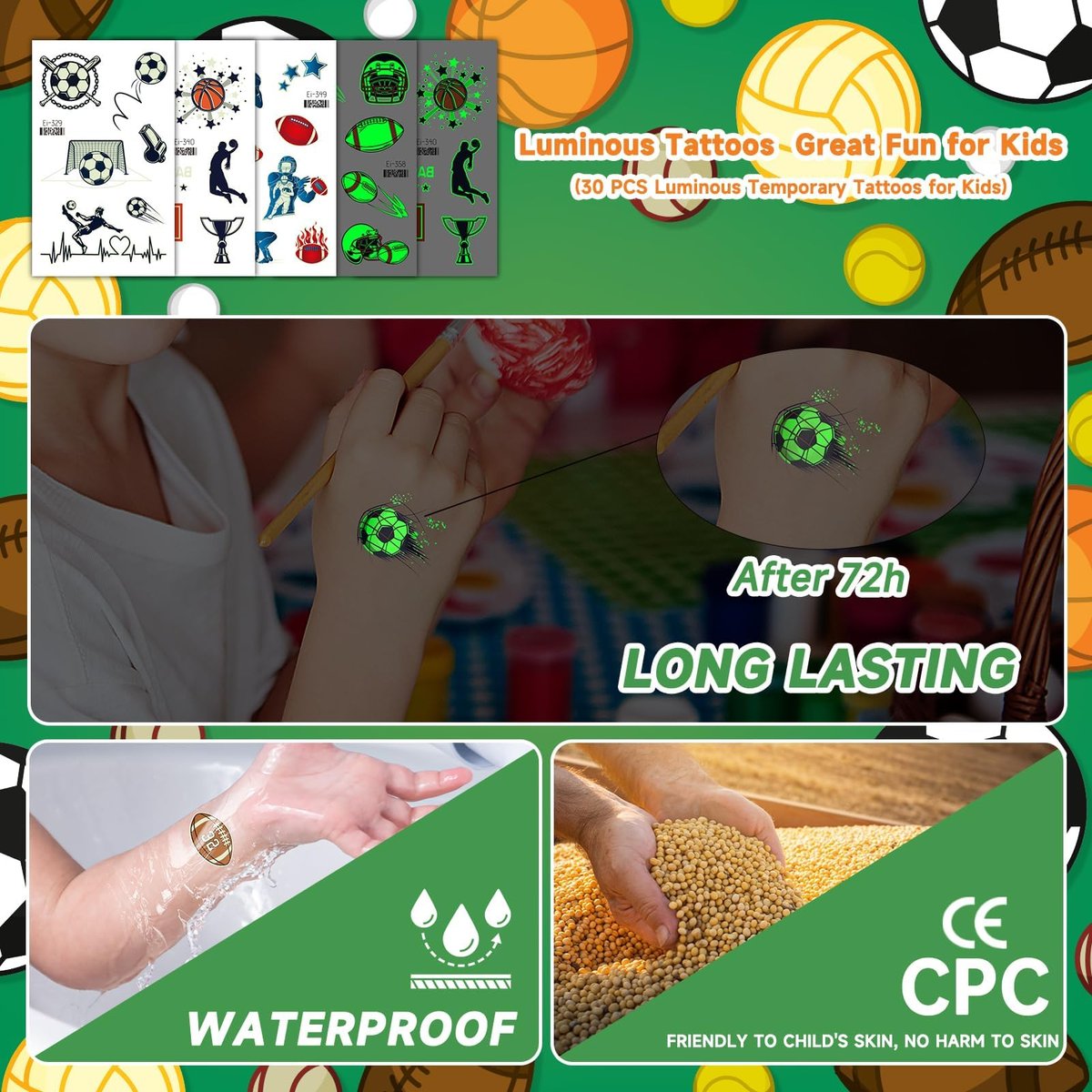 EMOME 30 Sheets Luminous Tattoos for Kids – Sports Styles Temporary Tattoo Stickers with Football, Basketball, Soccer for Boys – Glow Party Supplies, Party Favors, Goodie Bag Stuffers - görsel 9
