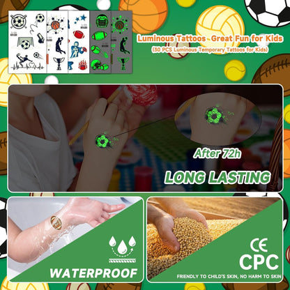 EMOME 30 Sheets Luminous Tattoos for Kids – Sports Styles Temporary Tattoo Stickers with Football, Basketball, Soccer for Boys – Glow Party Supplies, Party Favors, Goodie Bag Stuffers