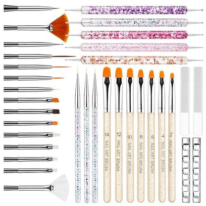 MYR 34-Piece Nail Art Brushes Set - Professional Nail Design Tools with Dotting Tools, Drawing Pens, Brush Brackets, and Nano Polishing Rubs