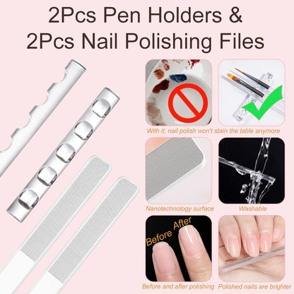 MYR 34-Piece Nail Art Brushes Set - Professional Nail Design Tools with Dotting Tools, Drawing Pens, Brush Brackets, and Nano Polishing Rubs