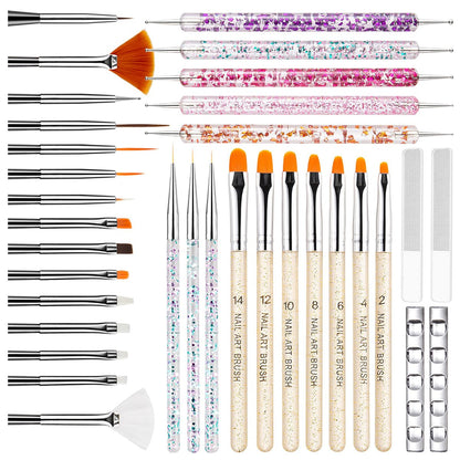 MYR 34-Piece Nail Art Brushes Set - Professional Nail Design Tools with Dotting Tools, Drawing Pens, Brush Brackets, and Nano Polishing Rubs
