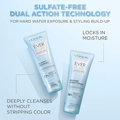 L'Oreal Paris EverPure Clarify Sulfate Free Shampoo with Antioxidants, Clarifying Shampoo for Hard Water Exposure and Styling Build-up, 6.8 Fl Oz