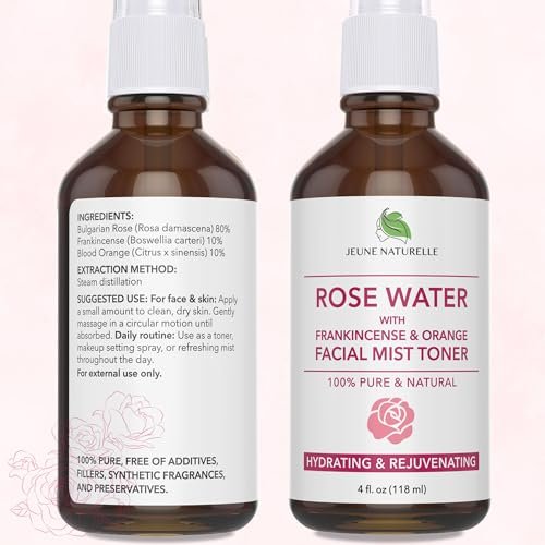 100% Pure Rose Water Spray for Face - Hydrating Facial Mist Toner with Frankincense & Blood Orange, Alcohol Free, Dye Free, Steam Distilled, 4 oz Avelisse
