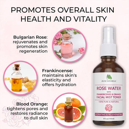 100% Pure Rose Water Spray for Face - Hydrating Facial Mist Toner with Frankincense & Blood Orange, Alcohol Free, Dye Free, Steam Distilled, 4 oz Avelisse