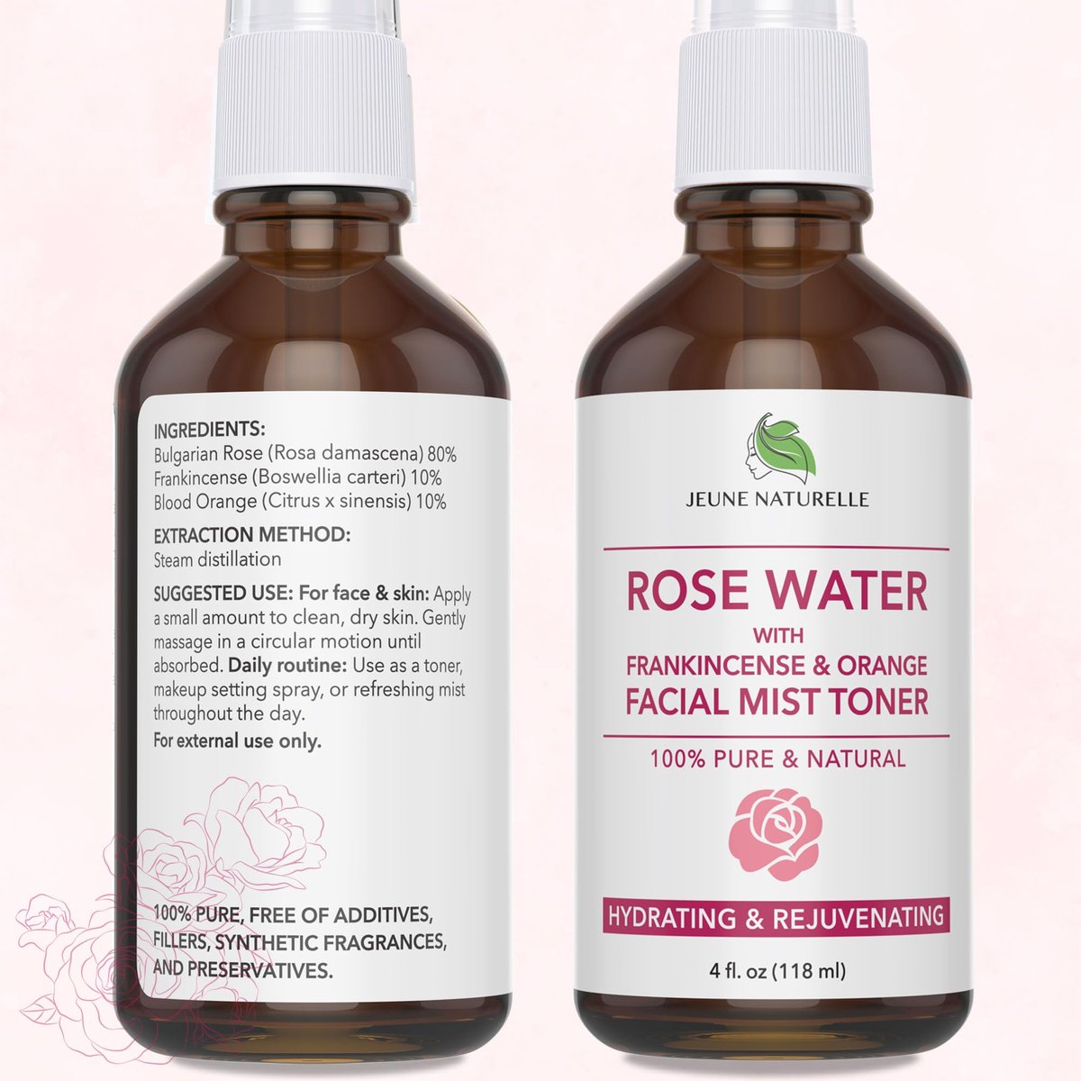 100% Pure Rose Water Spray for Face - Hydrating Facial Mist Toner with Frankincense & Blood Orange, Alcohol Free, Dye Free, Steam Distilled, 4 oz Avelisse