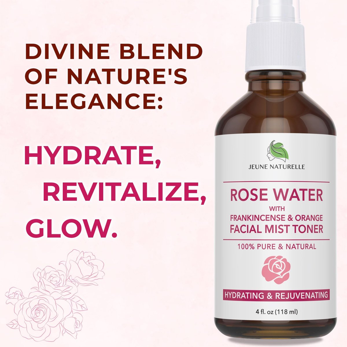 100% Pure Rose Water Spray for Face - Hydrating Facial Mist Toner with Frankincense & Blood Orange, Alcohol Free, Dye Free, Steam Distilled, 4 oz Avelisse