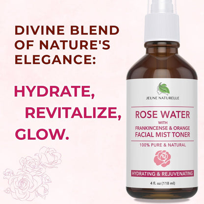 100% Pure Rose Water Spray for Face - Hydrating Facial Mist Toner with Frankincense & Blood Orange, Alcohol Free, Dye Free, Steam Distilled, 4 oz Avelisse