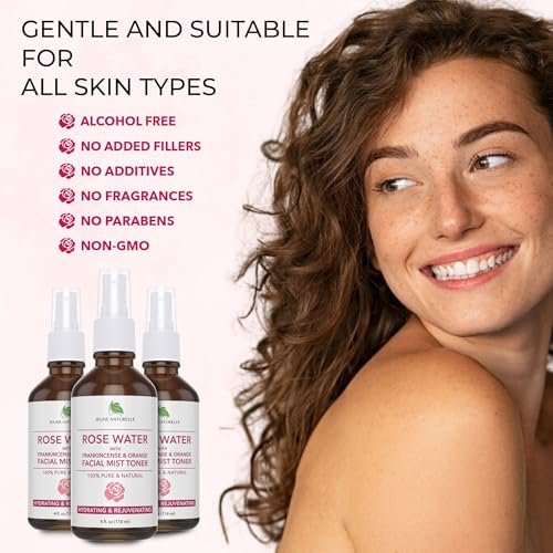 100% Pure Rose Water Spray for Face - Hydrating Facial Mist Toner with Frankincense & Blood Orange, Alcohol Free, Dye Free, Steam Distilled, 4 oz Avelisse