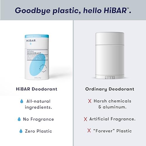 HiBAR Sensitive Deodorant 3-Pack – Unscented Natural Deodorant for Sensitive Skin, Aluminum-Free, Baking Soda-Free, Cruelty-Free, Travel-Friendly Size with Easy Push-Up Applicator Avelisse